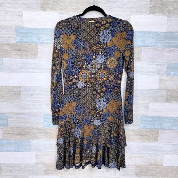 MICHAEL KORS Medallion Print Tiered Hem Dress Blue Yellow Stretch Womens Small - Picture 5 of 8